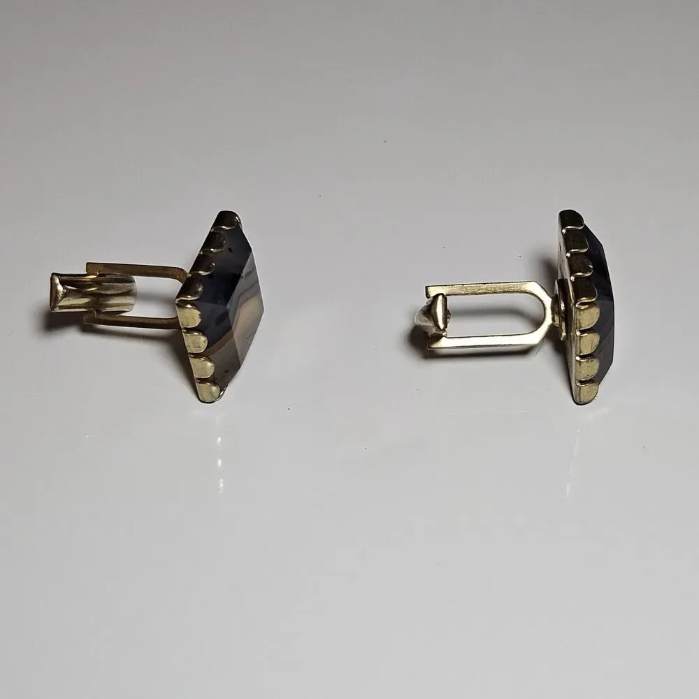 Vintage Badlands Banded Agate Gold tone Square Cufflinks